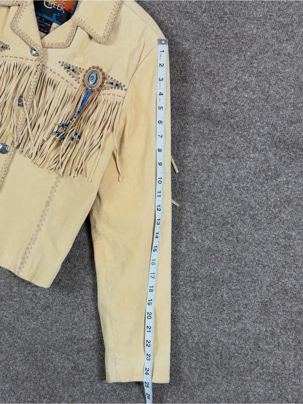 Cripple Creek Tan Suede Leather Fringe Western Jacket Womens L Beaded Medallions - Picture 12 of 15